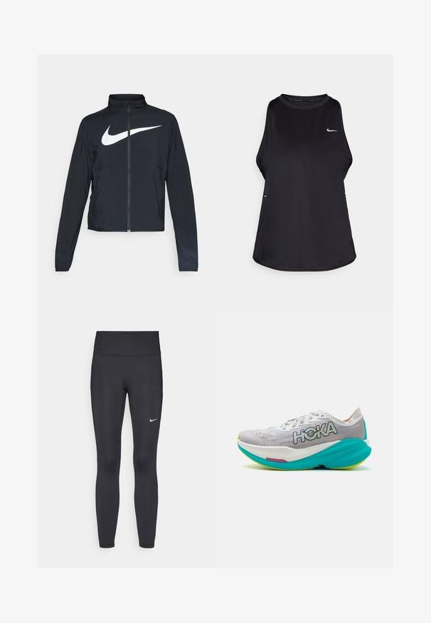 Must musta täispikk vary hoodie kõrge krae, pikad varrukad ja suur valge Nike swooshi logo rinnal.; Must have musta vaba varrukaga jooksu särk, mis on valmistatud kergest materjalist, ümar kaelus; sisaldab diskreetset logo ja külgmisi lõhesid, et tagada hingavus.; Mustad mustadest leggingid, mis on valmistatud venivast kangast, kõrge vöökoha ja valge Nike logo abil vasakul reiel. Sile tekstuur, keha järgiv disain.; Jooksutossud valge ja halli hingava võrkmaterjaliga pealmise osaga, erksa türkiisise tallaga ja HOKA brändinguga. Omab pehmendatud disaini koos aktsentidega.