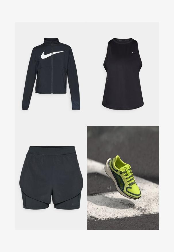 Veste de sport noire zippée sur toute la longueur avec un col haut, des manches longues et un grand logo Nike swoosh blanc sur la poitrine.; Débardeur de course sans manches noir, fabriqué dans un matériau léger, avec un col rond ; présente un logo discret et des fentes sur les côtés pour une meilleure respirabilité.; Shorts de sport noirs avec un design superposé, présentant une couche extérieure lisse et des shorts intérieurs ajustés. Fabriqués en tissu léger et extensible.; Chaussure de course jaune néon avec une tige en mesh respirant, des accents foncés contrastants, des lacets texturés et une semelle intermédiaire blanche rembourrée.