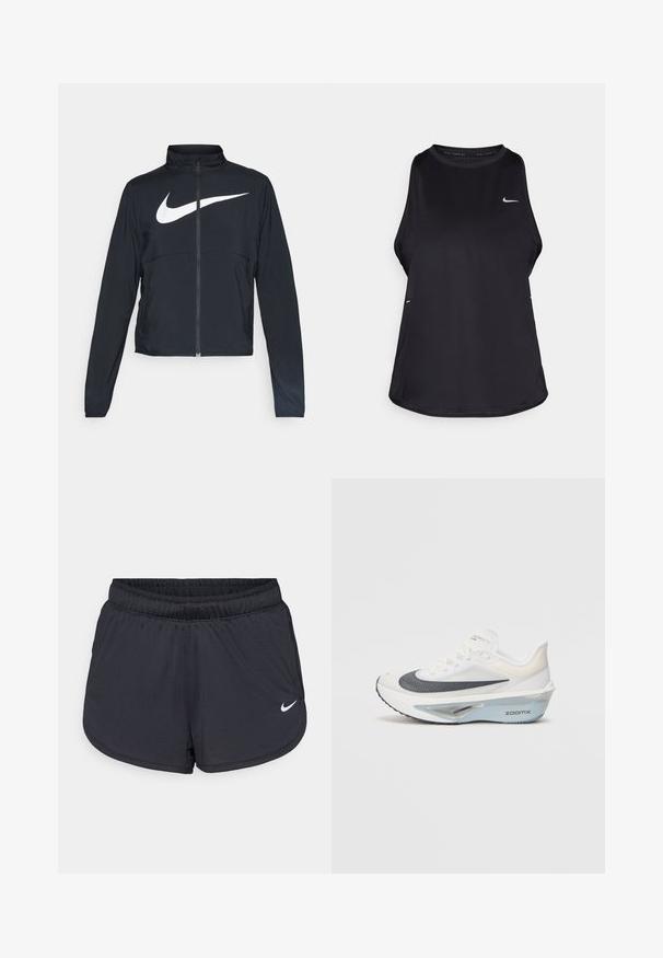 Black full-zip sports jacket with high collar, long sleeves, and large white Nike swoosh logo across the chest.; Black sleeveless running tank top made of lightweight material with a round neck; features a subtle logo and side slits for breathability.; Black athletic shorts with an elastic waistband, featuring a sporty design and a white Nike logo on the lower front. Textured fabric.; White running shoe with a breathable mesh upper, blue accents, and a distinct midsole design featuring a visible cushioning system.