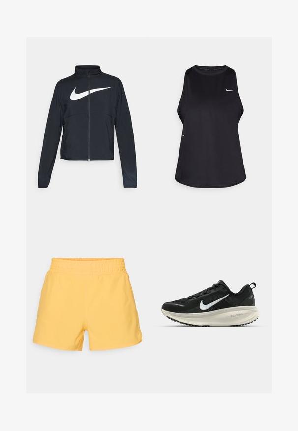 Zwarte sportjas met volledige rits, hoge kraag, lange mouwen en groot wit Nike swoosh-logo op de borst.; Zwarte mouwloze hardlooptanktop van lichtgewicht materiaal met een ronde hals; heeft een subtiel logo en zijslits voor ventilatie.; Geel elastische shorts met een gladde textuur, met een relaxte pasvorm en een minimalistisch ontwerp. Geen zakken of versieringen zichtbaar.; Zwarte Nike hardloopschoen met ademend mesh bovenwerk, witte swoosh-logo, gestructureerde details en een crèmekleurige ZoomX middenzool.