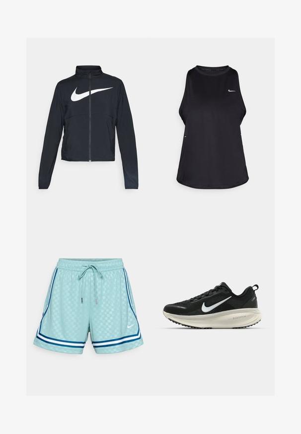 Černá sportovní bunda na zip s vysokým límcem, dlouhými rukávy a velkým bílým logem Nike swoosh přes prsa.; Černý bezrukávový sportovní top vyrobený z lehkého materiálu s kulatým výstřihem; má decentní logo a boční rozparky pro lepší prodyšnost.; Světle modré šortky s texturovaným mřížkovým vzorem, elastickým pasem, nastavovací šňůrkou a modro-bílými postranními pruhy. Logo Nike na přední straně.; Černá běžecká obuv Nike s prodyšným síťovaným svrškem, bílým logem swoosh, texturovanými detaily a krémovou mezipodešví ZoomX.