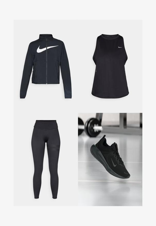 Musta urheilutakki, jossa on täysivetoketju, korkea kaulus, pitkät hihat ja suuri valkoinen Nike-tikkauksella rintaosa.; Mustan hihattoman juoksupaidan ykkönen, joka on valmistettu kevyestä materiaalista ja jossa on pyöreä kaula-aukko; siinä on huomaamaton logo ja sivuleikkaukset hengittävyyden parantamiseksi.; Mustat leggingsit korkealla vyötäröllä, joissa on sileä pinta ja hienovaraiset raidat reidessä lisäyksinä.; Musta urheilusneekeri, jossa on Nike-logo, esitetty ilmassa kuntosalilattialla, taustalla sumea käsipainohylly.