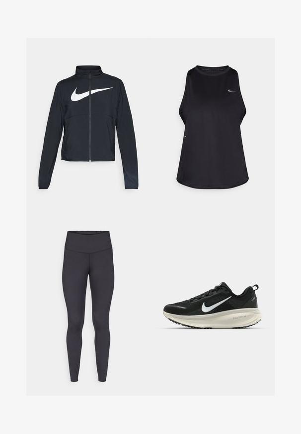 Juodas sportinis džemperis su visiškai užtraukiama užtrauktuku, aukšta apykakle, ilgomis rankovėmis ir dideliu baltu Nike swoosh logotipu per krūtinę.; Juodas be rankovių bėgimo marškinėliai, pagaminti iš lengvos medžiagos, su apvalia kaklo iškirpte; turi subtilų logotipą ir šoninius plyšius, kad būtų užtikrinta oro cirkuliacija.; Aukštu liemeniu juodos tamprės iš elastingos medžiagos, turinčios lygią tekstūrą ir švelnų kirpimą su minimaliais siūlais.; Juodas Nike sportinis batelis su kvėpuojančiu tinklu, baltu swoosh logotipu, tekstūruoto dizaino detalėmis ir grietinėlės spalvos ZoomX viduriu.