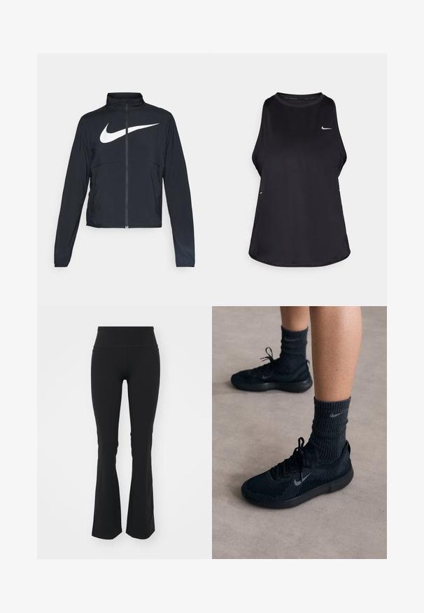 Svart sportjacka med hel dragkedja, hög krage, långa ärmar och stor vit Nike swoosh-logotyp över bröstet.; Svart ärmlös löparlinne gjort av lätt material med rund hals; har en diskret logotyp och sidokilar för andningsförmåga.; Svarta utsvängda leggings med hög midja, tillverkade i ett elastiskt material. Har sid sömmar och slitsar vid nederkanten för ökad rörlighet.; Svarta Nike-sneakers med övre i strukturerad stickning, med en grå swoosh-logotyp, parat med mörka ribbade strumpor. Platt gummisula.