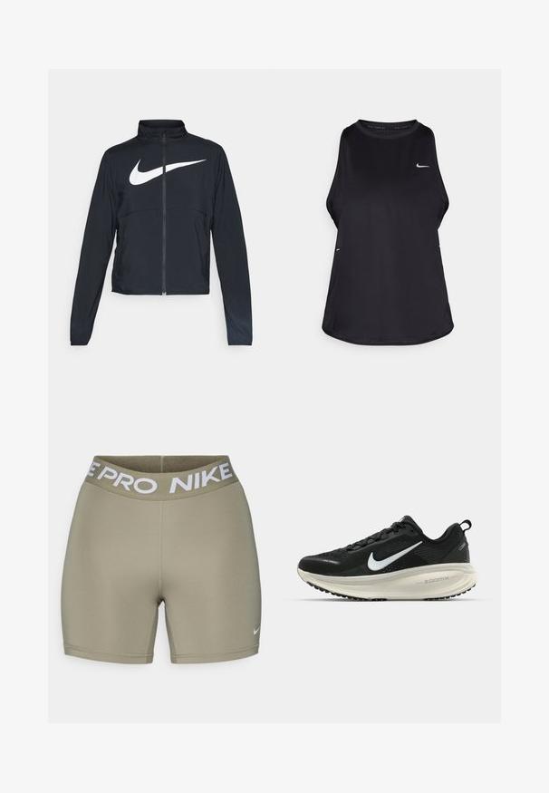 Giacca sportiva nera con zip completa, colletto alto, maniche lunghe e grande logo swoosh bianco Nike sul petto.; Canotta da corsa nera senza maniche realizzata in materiale leggero con collo rotondo; presenta un logo discreto e fessure laterali per la traspirabilità.; Pantaloni sportivi color verde oliva con una soddisfacente fascia elastica bianca che presenta la scritta "NIKE PRO". Tessuto liscio e elastico con dettagli di cucitura.; Scarpa da corsa nera Nike con tomaia in rete traspirante, logo Swoosh bianco, dettagli testurizzati e intersuola ZoomX di colore crema.