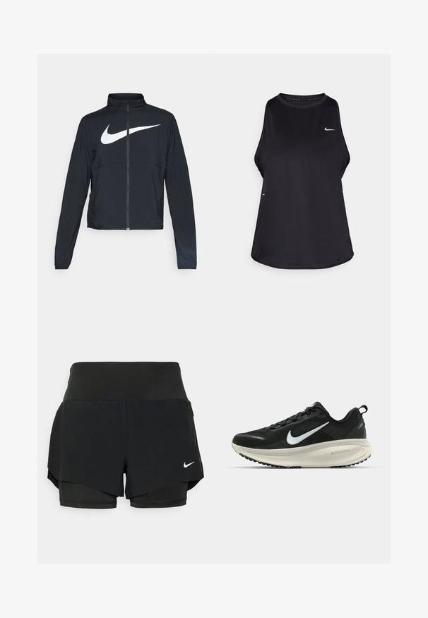 Schwarze Sportjacke mit vollem Reißverschluss, hohem Kragen, langen Ärmeln und großem weißen Nike-Swoosh-Logo auf der Brust.; Schwarzes ärmelloses Lauf-Tanktop aus leichtem Material mit Rundhalsausschnitt; verfügt über ein dezentes Logo und Seitenschlitze für Atmungsaktivität.; Schwarze Sportshorts mit einem geschichteten Design, bestehend aus einer inneren Shorts und einer äußeren Überlage, aus leichtem, dehnbarem Material.; Schwarzer Nike-Laufschuh mit atmungsaktivem Mesh-Obermaterial, weißem Swoosh-Logo, strukturierten Details und einer cremefarbenen ZoomX-Zwischensohle.