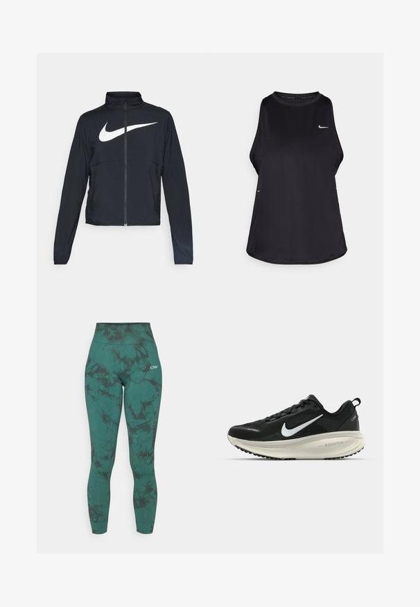 Melnā sporta jaka ar pilnu rāvējslēdzēju, augstu apkakli, garām piedurknēm un lielu baltu Nike swoosh logotipu krūšu daļā.; Melna bezruku skriešanas kreklu, kas izgatavots no viegla materiāla ar apaļu kakla izgriezumu; tam ir diskrēta logo un sānu šķirbes gaisa caurlaidībai.; Augstiem vidukļa legingi tumši tēlūdenī ar marmora melnu rakstu. Audums ir gluds un tam ir elastīgs jostas viduklis, kas nodrošina ērtību.; Melnas Nike skriešanas kurpes ar elpojošu acs augšdaļu, baltu Swoosh logotipu, strukturētu apdari un krēmkrāsas ZoomX starpsole.