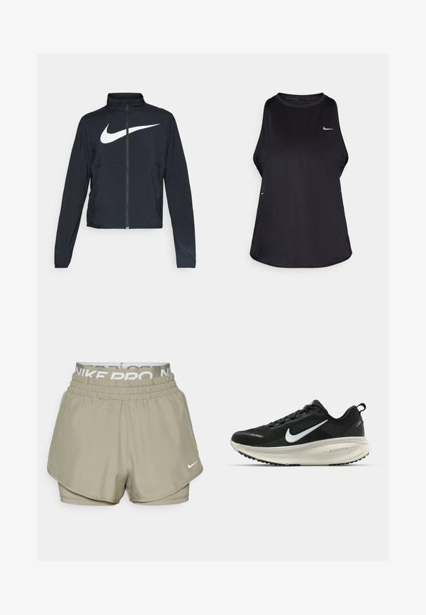 Črna športna jakna z polnim zadrgo, visokim ovratnikom, dolgimi rokavi in velikim belim logotipom Nike swoosh čez prsi.; Črna brezrokavna tekaška majica iz lahkega materiala s krožnim izrezom; ima subtilen logotip in stranske razpoke za zračnost.; Nike Pro kratke hlače v olivno zeleni barvi, ki so izdelane iz lahkega materiala, imajo elastičen pas z belim logotipom in večslojno zasnovo.; Črne Nike tekaške čevlje z zračno mrežno zgornjim delom, belim logotipom Swoosh, teksturiranimi detajli in smetanasto barvnim srednjim delom ZoomX.