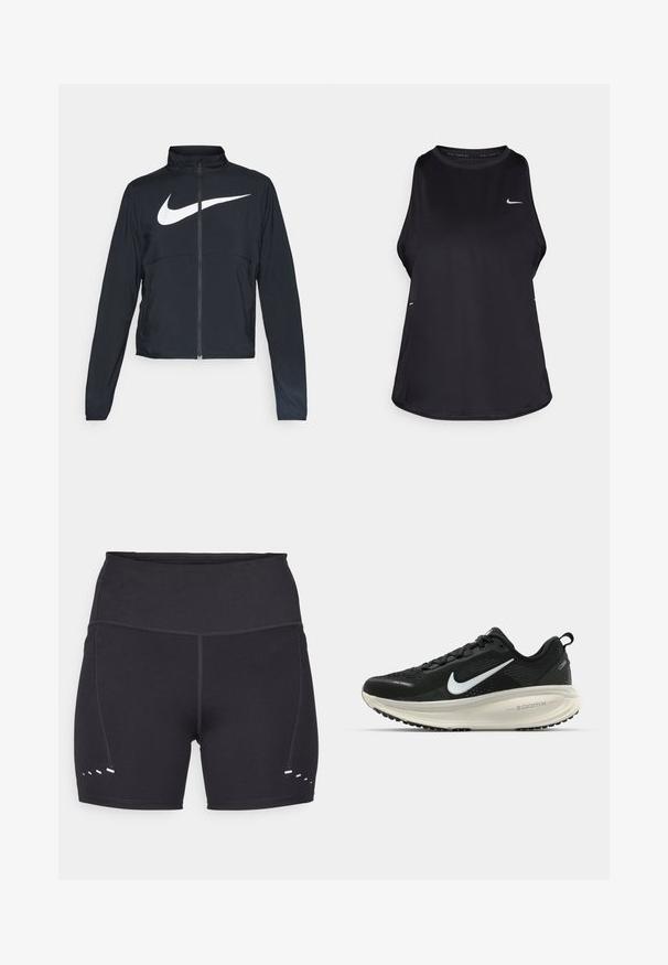 Melnā sporta jaka ar pilnu rāvējslēdzēju, augstu apkakli, garām piedurknēm un lielu baltu Nike swoosh logotipu krūšu daļā.; Melna bezruku skriešanas kreklu, kas izgatavots no viegla materiāla ar apaļu kakla izgriezumu; tam ir diskrēta logo un sānu šķirbes gaisa caurlaidībai.; Melnas sporta šortus ar gludu tekstūru, augstu jostasvietu un kontrastējošiem baltiem akcentiem sānos. Izgatavoti no elastīga, elpojoša materiāla.; Melnas Nike skriešanas kurpes ar elpojošu acs augšdaļu, baltu Swoosh logotipu, strukturētu apdari un krēmkrāsas ZoomX starpsole.