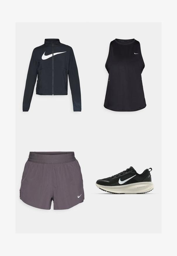 Crna sportska jakna s punim patentnim zatvaračem, visokim ovratnikom, dugim rukavima i velikim bijelim Nike swoosh logom preko grudi.; Crni bezrukavni trkački majica od laganog materijala s okruglim izrezom; ima suptilan logotip i bočne proreze za prozračnost.; Nike trkačke kratke hlače u tamno sivoj boji, s širokim elastikom u struku, laganom tkaninom, bočnim džepovima i suptilnim logotipom u bijeloj boji.; Crne Nike trkačke tenisice s prozračnom mrežastom gornjom konstrukcijom, bijelim swoosh logotipom, teksturiranim detaljima i kremastom ZoomX srednjom potplatnom jedinicom.