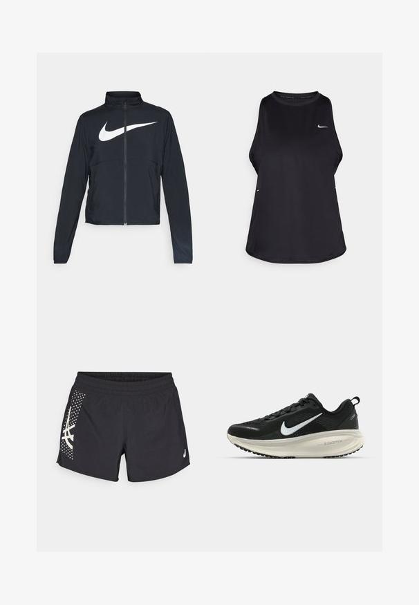 Crna sportska jakna s punim patentnim zatvaračem, visokim ovratnikom, dugim rukavima i velikim bijelim Nike swoosh logom preko grudi.; Crni bezrukavni trkački majica od laganog materijala s okruglim izrezom; ima suptilan logotip i bočne proreze za prozračnost.; Crne atletske kratke hlače s elastičnom trakom u struku i logotipom. Strana sadrži dizajn s bijelim naglascima i točkastim uzorkom.; Crne Nike trkačke tenisice s prozračnom mrežastom gornjom konstrukcijom, bijelim swoosh logotipom, teksturiranim detaljima i kremastom ZoomX srednjom potplatnom jedinicom.