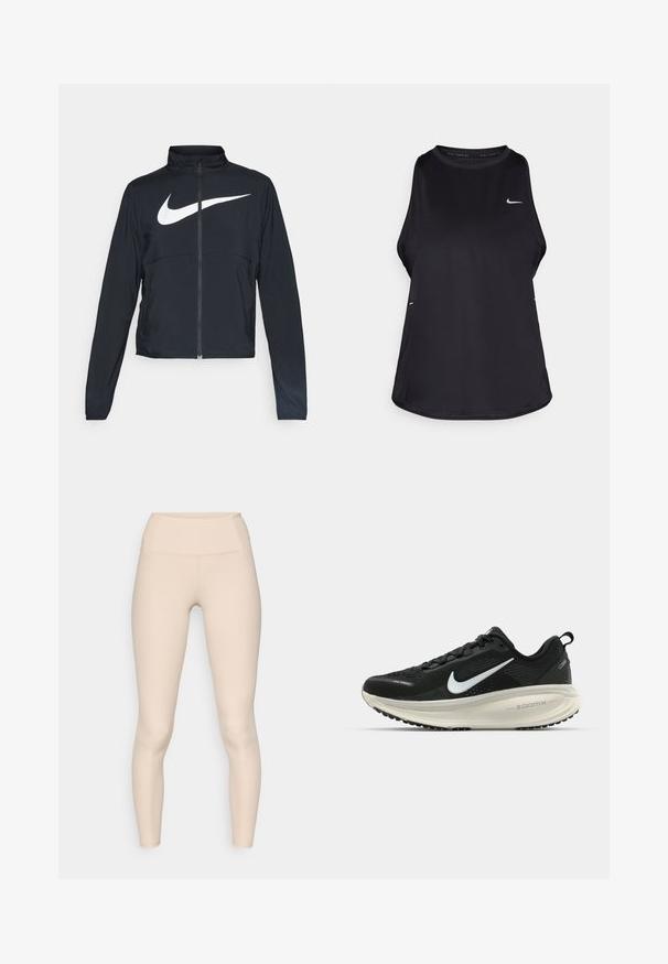 Juodas sportinis džemperis su visiškai užtraukiama užtrauktuku, aukšta apykakle, ilgomis rankovėmis ir dideliu baltu Nike swoosh logotipu per krūtinę.; Juodas be rankovių bėgimo marškinėliai, pagaminti iš lengvos medžiagos, su apvalia kaklo iškirpte; turi subtilų logotipą ir šoninius plyšius, kad būtų užtikrinta oro cirkuliacija.; Bežinės gyslotos leginsai su aukštu juosmeniu. Jie turi lygų paviršių ir tvirtai priglundančią konstrukciją, be matomų siūlių ar logotipų.; Juodas Nike sportinis batelis su kvėpuojančiu tinklu, baltu swoosh logotipu, tekstūruoto dizaino detalėmis ir grietinėlės spalvos ZoomX viduriu.