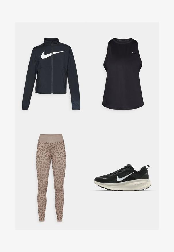 Černá sportovní bunda na zip s vysokým límcem, dlouhými rukávy a velkým bílým logem Nike swoosh přes prsa.; Černý bezrukávový sportovní top vyrobený z lehkého materiálu s kulatým výstřihem; má decentní logo a boční rozparky pro lepší prodyšnost.; Yogasearcher BIDAIA SEAMLESS LEGGING - Punčochy - cacao; Černá běžecká obuv Nike s prodyšným síťovaným svrškem, bílým logem swoosh, texturovanými detaily a krémovou mezipodešví ZoomX.