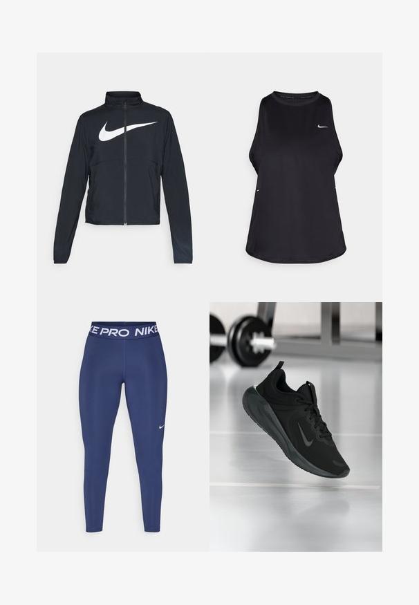 Black full-zip sports jacket with high collar, long sleeves, and large white Nike swoosh logo across the chest.; Black sleeveless running tank top made of lightweight material with a round neck; features a subtle logo and side slits for breathability.; Navy blue leggings made from stretchy material, featuring a white "NIKE PRO" waistband and a small white Nike logo on the left leg.; Black sports sneaker with Nike logo, shown mid-air on gym floor, with blurred dumbbell rack in background.