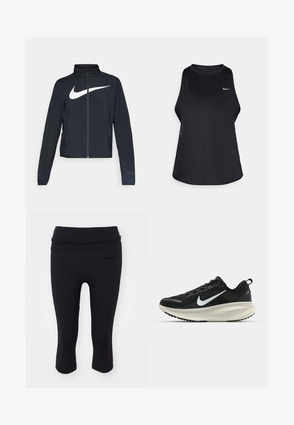 Črna športna jakna z polnim zadrgo, visokim ovratnikom, dolgimi rokavi in velikim belim logotipom Nike swoosh čez prsi.; Črna brezrokavna tekaška majica iz lahkega materiala s krožnim izrezom; ima subtilen logotip in stranske razpoke za zračnost.; Kratke črne legice iz raztegljive tkanine s širokim pasom. Na sprednji strani je natisnjen napis "MOČNEJŠI". Gladka tekstura.; Črne Nike tekaške čevlje z zračno mrežno zgornjim delom, belim logotipom Swoosh, teksturiranimi detajli in smetanasto barvnim srednjim delom ZoomX.