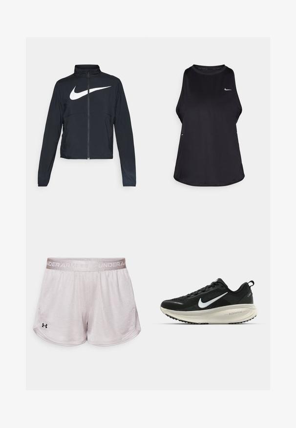 Čierna športová bunda na zips s vysokým golierom, dlhými rukávmi a veľkým bielym logom Nike na hrudi.; Čierny bezrukávový bežecký top vyrobený z ľahkého materiálu s okrúhlym výstrihom; obsahuje diskrétne logo a bočné rozparky pre lepšiu priedušnosť.; Svetlo šedé športové šortky s textúrovanou tkaninou, elastickým pásom so značkou "UNDER ARMOUR" a čiernym logom v dolnom ľavom rohu.; Čierne bežecké topánky Nike s priedušnou sieťovinou, bielym logom s symbolom swoosh, textúrovanými detailmi a krémovou ZoomX medzipodrážkou.