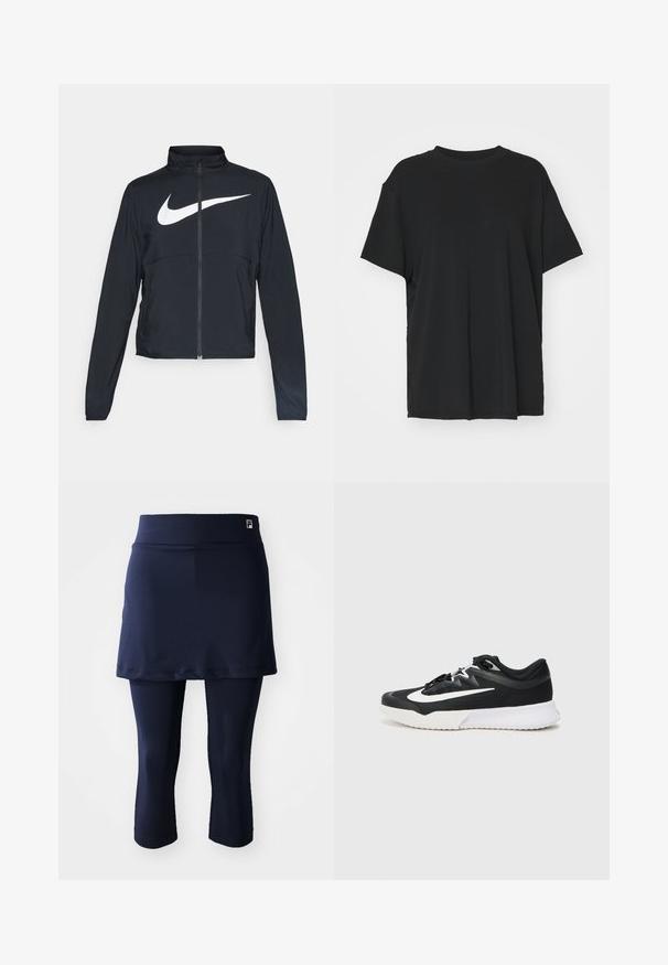Zwarte sportjas met volledige rits, hoge kraag, lange mouwen en groot wit Nike swoosh-logo op de borst.; Zwarte korte mouwen t-shirt van soepel stof, met een ronde hals en een losse pasvorm. Heeft zij-splitten voor extra comfort en ademend vermogen.; Marineblauwe sportrok met aansluitende capri-legging. Gemaakt van een gladde stof, heeft een brede tailleband en een klein logo op de tailleband.; Zwarte sportieve schoen met witte accenten, met een gestructureerde bovenkant, ronde neus, platte veters en een dikke witte rubberen zool.