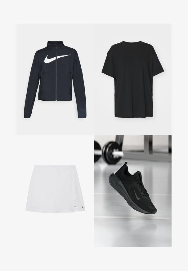 Veste de sport noire zippée sur toute la longueur avec un col haut, des manches longues et un grand logo Nike swoosh blanc sur la poitrine.; T-shirt noir à manches courtes en tissu lisse, avec un col ras du cou et une coupe décontractée. Présente des fentes sur les côtés pour plus de confort et de respirabilité.; Jupe de sport blanche avec une fente sur le côté, un tissu lisse et une petite accentuation noire près de l'ourlet.; Baskets de sport noires avec le logo Nike, montrées en l'air au-dessus d'un sol de gym, avec un rack de haltères flou en arrière-plan.