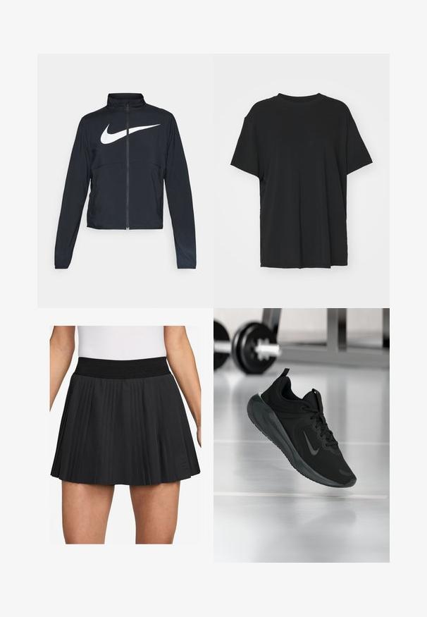 Juodas sportinis džemperis su visiškai užtraukiama užtrauktuku, aukšta apykakle, ilgomis rankovėmis ir dideliu baltu Nike swoosh logotipu per krūtinę.; Juodas trumpas rankovėmis marškinėliai, pagaminti iš lygaus audinio, su apvaliu iškirpimu ir laisvu siluetu. Įrengti šoninių skeltukų patogumui ir oro pralaidumui.; Juodas klostuotas sijonas su plačiu elastingu Juosmeniu. Pagamintas iš lygaus audinio, turi vertikalias klostes ir mažą logotipą ant apvadu.; Juodas sportinis sportbačiai su Nike logotipu, pavaizduoti ore virš sporto salės grindų, fone išblurinta hantelių laikiklis.