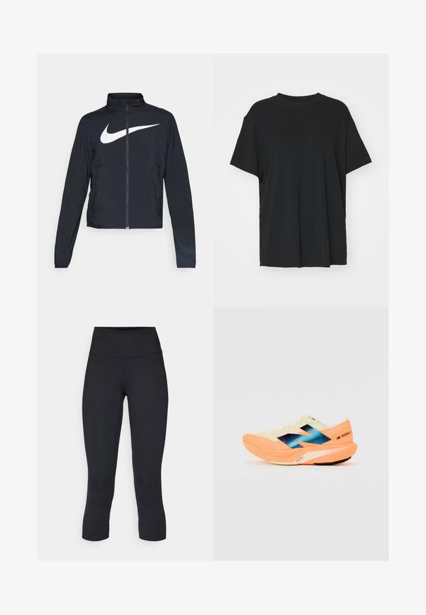 Crna sportska jakna s punim patentnim zatvaračem, visokim ovratnikom, dugim rukavima i velikim bijelim Nike swoosh logom preko grudi.; Crna majica kratkih rukava napravljena od glatkog materijala, s okruglim izrezom i slobodnim krojem. Ima bočne proreze za dodatnu udobnost i prozračnost.; Crne skraćene tajice od rastezljivog materijala, s visokim strukom i glatkom teksturom, bez vidljivih uzoraka ili dodataka.; Trkaća cipela s laganim krem gornjim dijelom, plavim oznakama i narančastim detaljima na potplatu. Mrežasti tekstur za prozračnost.
