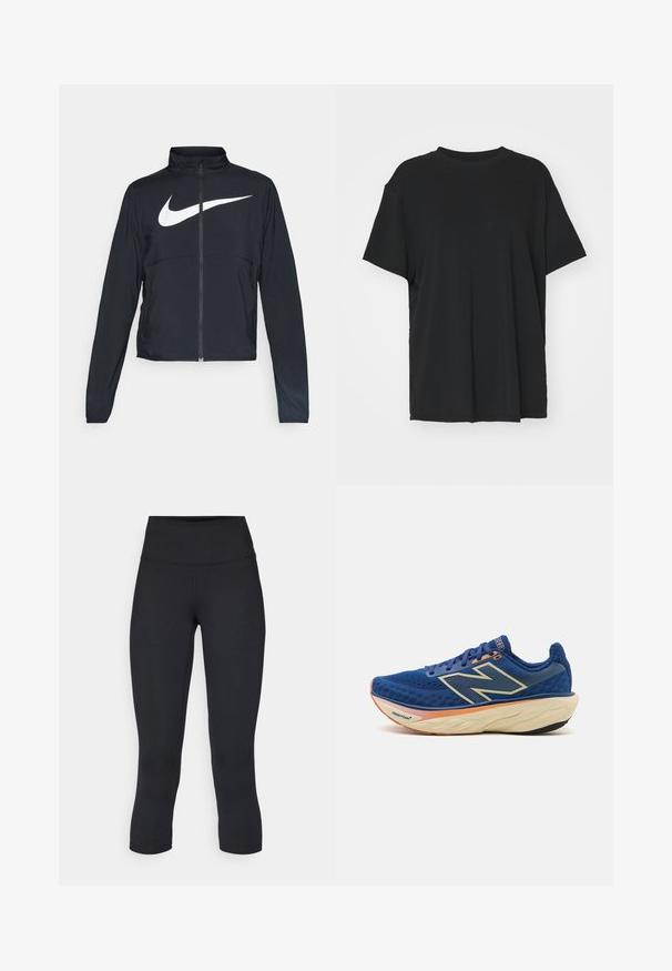 Czarna bluza sportowa na zamek błyskawiczny z wysokim kołnierzem, długimi rękawami i dużym białym logo Nike na klatce piersiowej.; Czarna krótko rękawowa koszulka wykonana z gładkiego materiału, z okrągłym dekoltem i luźnym krojem. Posiada boczne rozcięcia, które zapewniają dodatkowy komfort i przewiewność.; Czarne, krótkie legginsy wykonane z elastycznego materiału, z wysokim stanem i gładką strukturą, bez widocznych wzorów czy elementów metalowych.; Niebieski but biegowy z oddychającą siateczkową cholewką, wyściełanym kołnierzem i amortyzowaną podeszwą z pomarańczowym akcentem. Widoczne logo "Fresh Foam".