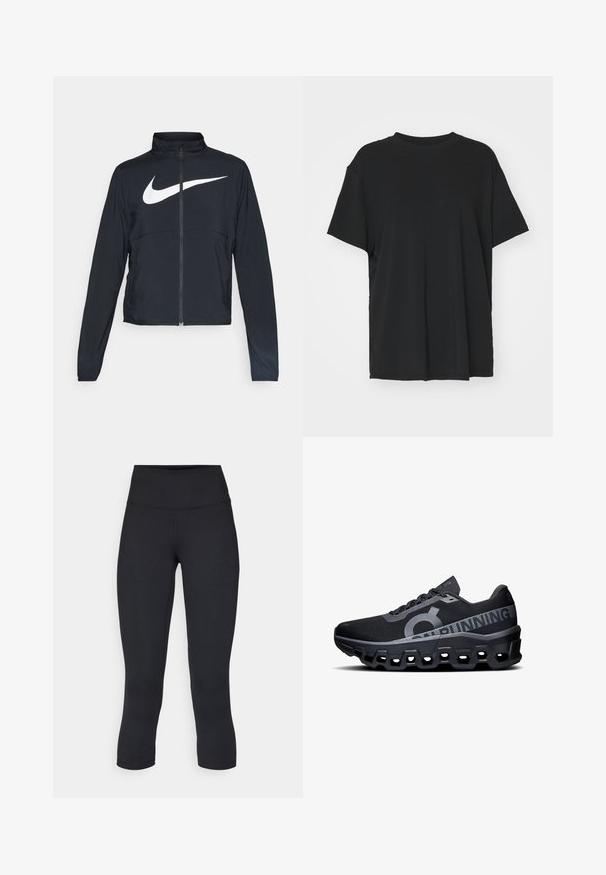 Veste de sport noire zippée sur toute la longueur avec un col haut, des manches longues et un grand logo Nike swoosh blanc sur la poitrine.; T-shirt noir à manches courtes en tissu lisse, avec un col ras du cou et une coupe décontractée. Présente des fentes sur les côtés pour plus de confort et de respirabilité.; Leggings noirs coupés en tissu extensible, avec une taille haute et une texture lisse, sans motifs ni éléments visibles.; Baskets de course noires avec une tige en maille texturée, présentant un logo-proéminent et des accents réfléchissants. Semelle épaisse en mousse avec des découpes hexagonales.