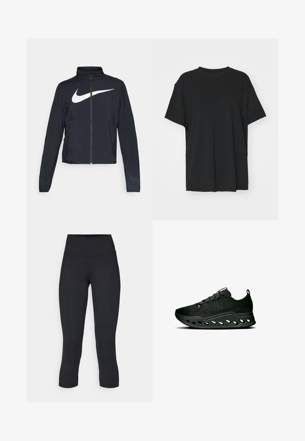 Black full-zip sports jacket with high collar, long sleeves, and large white Nike swoosh logo across the chest.; Black short-sleeve t-shirt made of smooth fabric, with a crew neck and loose fit. Features side slits for added comfort and breathability.; Black cropped leggings made of stretchy fabric, featuring a high waistband and smooth texture, with no visible patterns or hardware.; On CLOUDSURFER MAX - Road running shoes - black   eclipse
