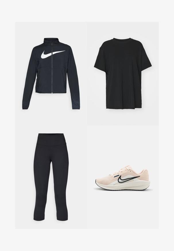 Chaqueta deportiva negra de cremallera completa con cuello alto, mangas largas y gran logo de Nike en blanco en el pecho.; Camiseta negra de manga corta hecha de tejido suave, con cuello redondo y corte holgado. Presenta aberturas laterales para mayor comodidad y transpirabilidad.; Leggings negros cortos hechos de tela elástica, con una cintura alta y una textura suave, sin patrones o herrajes visibles.; Nike Performance DOWNSHIFTER 13 - Zapatillas running asfalto - guava ice, armory,navy sail