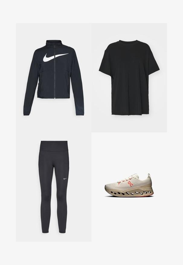 Veste de sport noire zippée sur toute la longueur avec un col haut, des manches longues et un grand logo Nike swoosh blanc sur la poitrine.; T-shirt noir à manches courtes en tissu lisse, avec un col ras du cou et une coupe décontractée. Présente des fentes sur les côtés pour plus de confort et de respirabilité.; Leggings noirs en tissu extensible, dotés d'une taille haute et d'un logo Nike blanc sur la cuisse gauche. Texture lisse, design ajusté.; Baskets de sport beiges claires avec une tige texturée, des accents rouges et une semelle innovante dotée d'ouvertures pour la respirabilité et l'amorti.