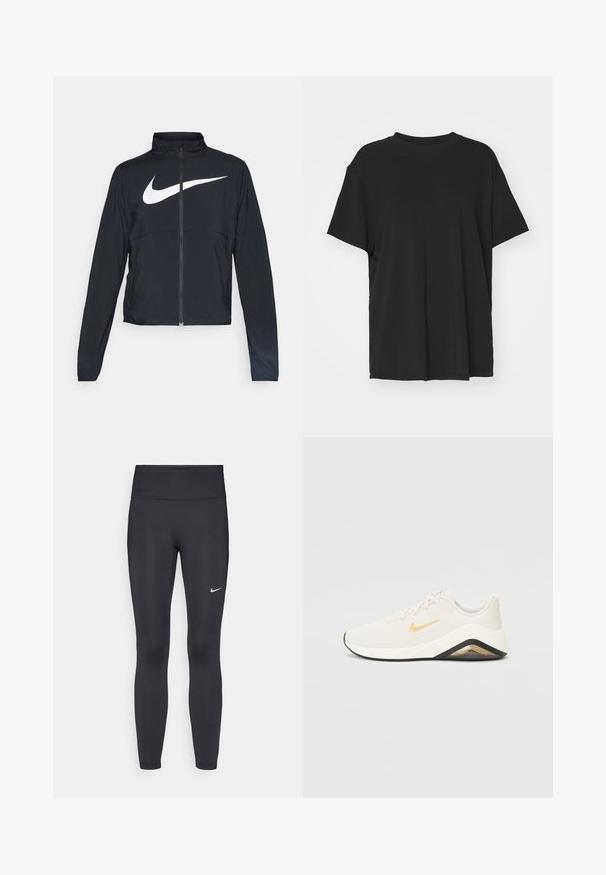 Czarna bluza sportowa na zamek błyskawiczny z wysokim kołnierzem, długimi rękawami i dużym białym logo Nike na klatce piersiowej.; Czarna krótko rękawowa koszulka wykonana z gładkiego materiału, z okrągłym dekoltem i luźnym krojem. Posiada boczne rozcięcia, które zapewniają dodatkowy komfort i przewiewność.; Czarne legginsy z elastycznego materiału, z wysokim pasem i białym logo Nike na lewym udzie. Gładka tekstura, dopasowany krój.; Sneakers Nike w białym i złotym wzorze, z teksturowanym wierzchem, amortyzowaną piętą, czarną podeszwą i wyraźnym logo.