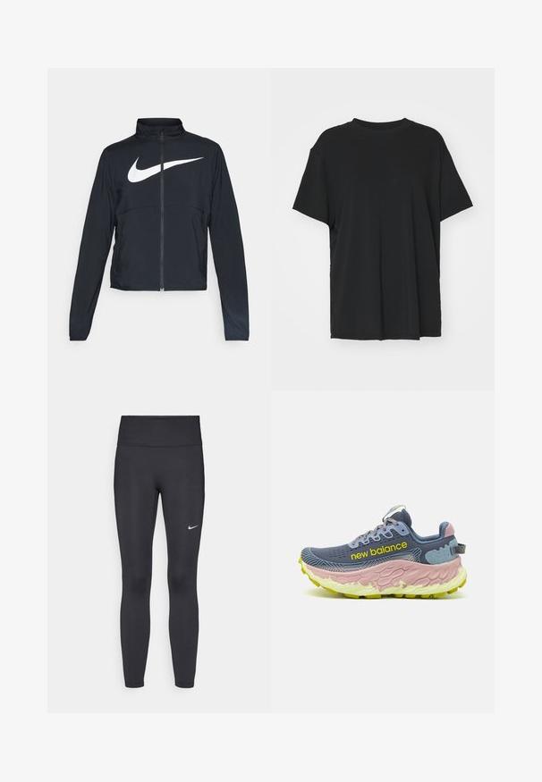 Černá sportovní bunda na zip s vysokým límcem, dlouhými rukávy a velkým bílým logem Nike swoosh přes prsa.; Černé tričko s krátkým rukávem vyrobené z hladkého materiálu, s kulatým výstřihem a volným střihem. Obsahuje boční rozparky pro větší pohodlí a prodyšnost.; Černé legíny vyrobené z elastického materiálu, s vysokým pasem a bílým logem Nike na levém stehně. Hladká textura, přiléhavý střih.; New Balance FRESH FOAM X MORE V3 - Běžecké boty do terénu - arctic grey