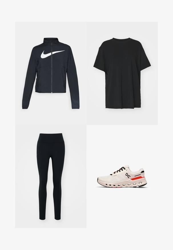 Veste de sport noire zippée sur toute la longueur avec un col haut, des manches longues et un grand logo Nike swoosh blanc sur la poitrine.; T-shirt noir à manches courtes en tissu lisse, avec un col ras du cou et une coupe décontractée. Présente des fentes sur les côtés pour plus de confort et de respirabilité.; Leggings noirs en matière extensible avec une taille haute. Texture lisse, design ajusté et sans embellissements ni motifs visibles.; On CLOUDRUNNER 2 - Chaussures de running sur route - undyed sand