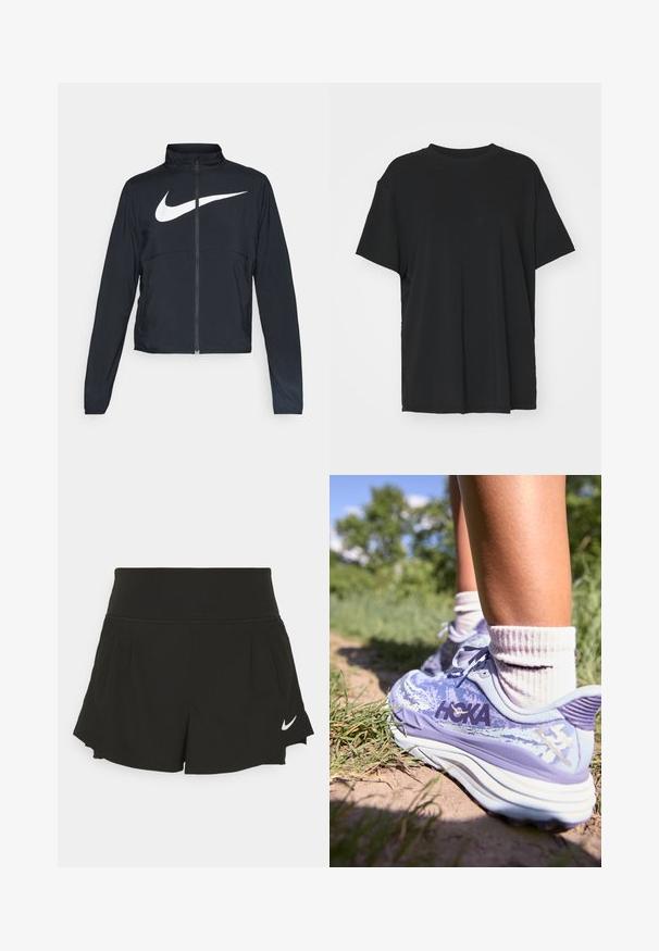Veste de sport noire zippée sur toute la longueur avec un col haut, des manches longues et un grand logo Nike swoosh blanc sur la poitrine.; T-shirt noir à manches courtes en tissu lisse, avec un col ras du cou et une coupe décontractée. Présente des fentes sur les côtés pour plus de confort et de respirabilité.; Shorts de sport noirs avec une large taille, des détails plissés, un ourlet arrondi et un logo Nike blanc sur le coin inférieur droit.; HOKA STINSON 7 - Chaussures de running - cosmic sky/meteor