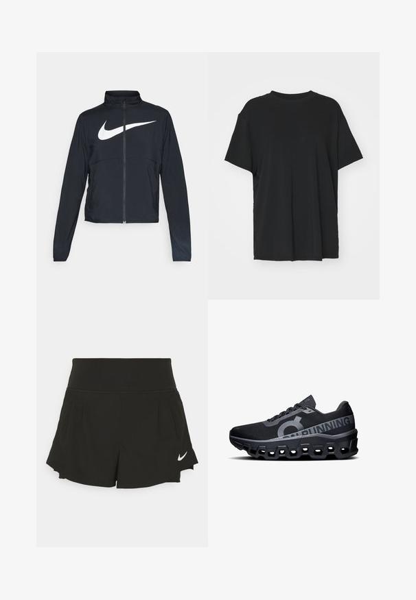 Schwarze Sportjacke mit vollem Reißverschluss, hohem Kragen, langen Ärmeln und großem weißen Nike-Swoosh-Logo auf der Brust.; Schwarzes T-Shirt mit kurzen Ärmeln aus glattem Stoff, mit Rundhalsausschnitt und lockerer Passform. Verfügt über seitliche Schlitze für zusätzlichen Komfort und Atmungsaktivität.; Schwarze Sportshorts mit weitem Bund, Falten-Details, geschwungenem Saum und weißem Nike-Logo auf der unteren rechten Seite.; Schwarze Laufschuhe mit Obermaterial aus strukturiertem Mesh, das über ein auffälliges Logo und reflektierende Akzente verfügt. Dicke Schaumsohle mit hexagonalen Ausschnitten.