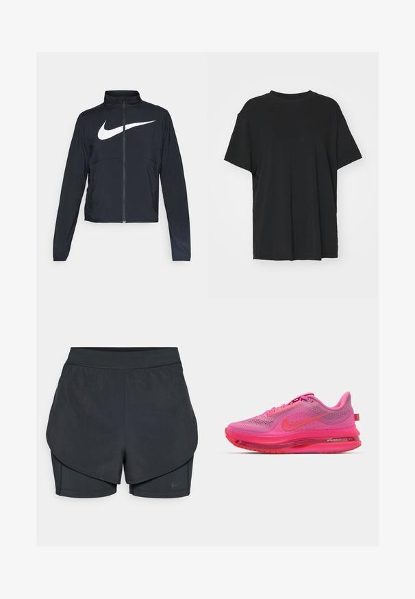 Svart joggebund med hel glidelås, høy krage, lange ermer og stort hvitt Nike swoosh-logo over brystet.; Svart t-skjorte med korte ermer laget av glatt stoff, med rund hals og løs passform. Har sideslisser for ekstra komfort og pusteevne.; Svart idrettsshorts med lagdelt design, som har et glatt ytre lag og tettsittende indre shorts. Laget av lett, elastisk stoff.; Nike løpesko med mesh-overdel i livlig rosa med gradientdetaljer, synlig luftenhet og teksturert såle for godt grep.