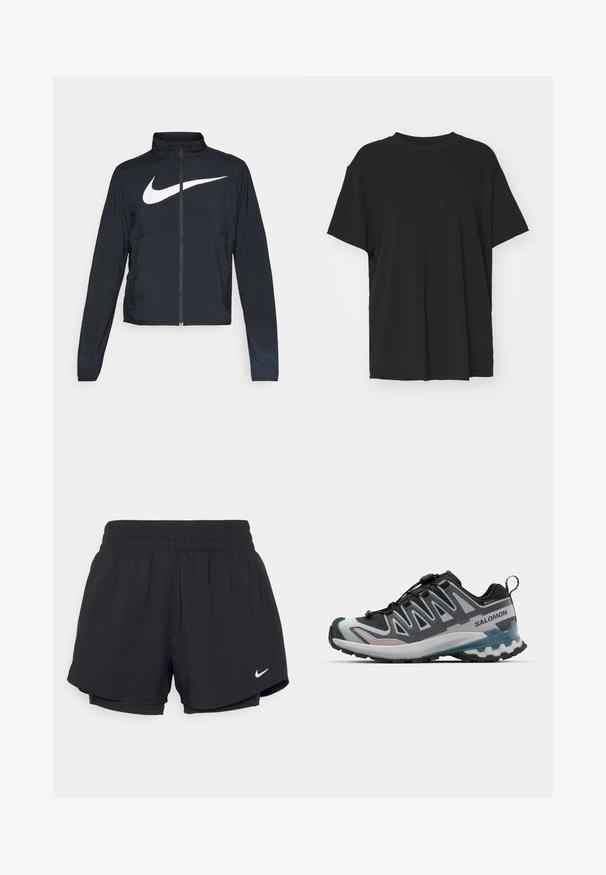 Černá sportovní bunda na zip s vysokým límcem, dlouhými rukávy a velkým bílým logem Nike swoosh přes prsa.; Černé tričko s krátkým rukávem vyrobené z hladkého materiálu, s kulatým výstřihem a volným střihem. Obsahuje boční rozparky pro větší pohodlí a prodyšnost.; Černé sportovní šortky s nařaseným elastickým pasem, vnitřní podšívkou a bílým logem Nike na dolním levém rohu. Hladká, lehká tkanina.; Černé a šedé běžecké boty na traile s prodyšným svrchním materiálem, elastickým zavazovacím systémem, strukturální podrážkou a světle modrými akcenty na mezipodrážce.
