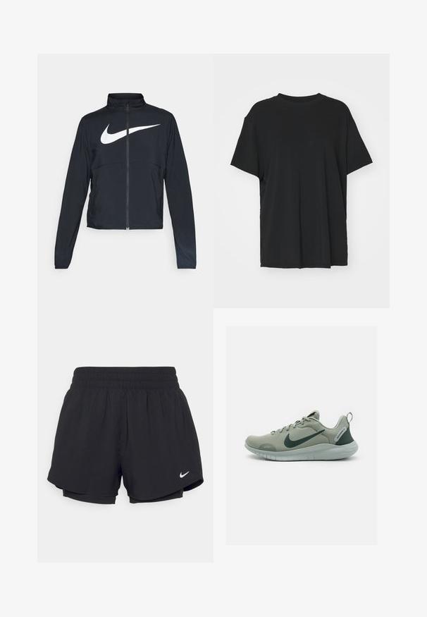 Black full-zip sports jacket with high collar, long sleeves, and large white Nike swoosh logo across the chest.; Black short-sleeve t-shirt made of smooth fabric, with a crew neck and loose fit. Features side slits for added comfort and breathability.; Black athletic shorts with a gathered elastic waistband, inner lining, and white Nike logo on the lower left side. Smooth, lightweight fabric.; Nike Performance FLEX EXPERIENCE RUN 12 - Training shoe - jade horizon/vintage green/light silver