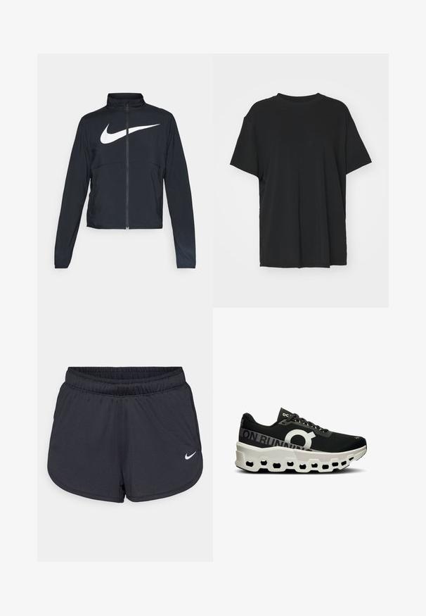 Černá sportovní bunda na zip s vysokým límcem, dlouhými rukávy a velkým bílým logem Nike swoosh přes prsa.; Černé tričko s krátkým rukávem vyrobené z hladkého materiálu, s kulatým výstřihem a volným střihem. Obsahuje boční rozparky pro větší pohodlí a prodyšnost.; Černé sportovní šortky vyrobené z lehké, prodyšné látky. Obsahují elastický pás a bílé logo Nike na dolní pravé straně.; Černá běžecká obuv s texturovaným síťovaným svrškem, výrazným bílým logem a unikátní bílou a černou tvarovanou podrážkou s hexagonálními výřezy.