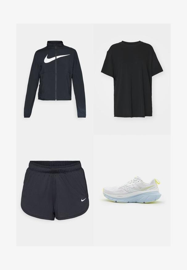 Črna športna jakna z polnim zadrgo, visokim ovratnikom, dolgimi rokavi in velikim belim logotipom Nike swoosh čez prsi.; Črna kratka majica s kratkimi rokavi, izdelana iz gladkega materiala, s kroјnim ovratnikom in prostim krojem. Ima stranske razpoke za dodatno udobje in zračnost.; Črne športne hlače iz lahkega, zračnega materiala. Imajo elastični pas in belo Nike logotip na spodnji desni strani.; Bela tekaška čevlja z mrežastim zgornjim delom, ki ima svetlo modre akcenti in debel podplat. Opozornih rumenih podrobnosti na podplatu in zanki za peto.