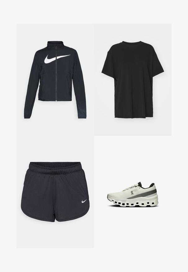Giacca sportiva nera con zip completa, colletto alto, maniche lunghe e grande logo swoosh bianco Nike sul petto.; T-shirt nera a maniche corte realizzata in un tessuto morbido, con collo rotondo e vestibilità ampia. Presenta delle fessure laterali per un comfort e una traspirabilità aggiuntivi.; Pantaloncini sportivi neri realizzati in tessuto leggero e traspirante. Caratterizzati da una vita elastica e dal logo Nike bianco sul lato inferiore destro.; Scarpa atletica bianca con tomaia in maglia testurizzata, striscia grigia e suola spessa e ammortizzata con fori esagonali per la flessibilità.