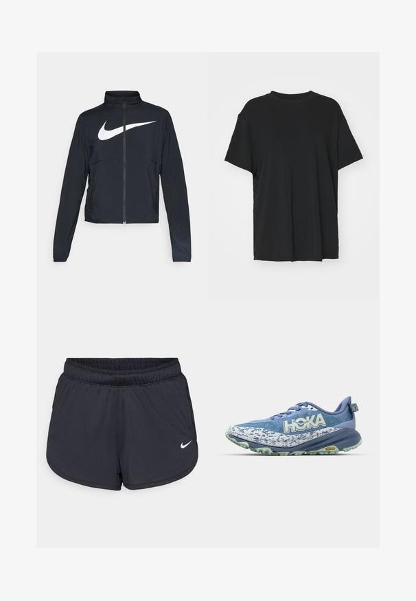 Černá sportovní bunda na zip s vysokým límcem, dlouhými rukávy a velkým bílým logem Nike swoosh přes prsa.; Černé tričko s krátkým rukávem vyrobené z hladkého materiálu, s kulatým výstřihem a volným střihem. Obsahuje boční rozparky pro větší pohodlí a prodyšnost.; Černé sportovní šortky vyrobené z lehké, prodyšné látky. Obsahují elastický pás a bílé logo Nike na dolní pravé straně.; Lehká běžecká obuv v modrých odstínech, která má texturovaný síťovinový svršek, výrazné logo HOKA a robustní podešev Vibram pro lepší grip.