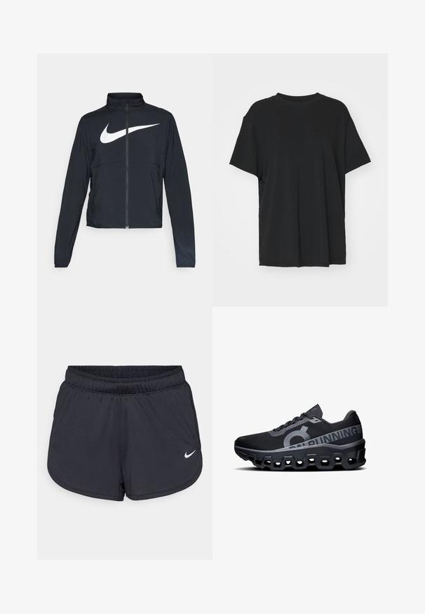Černá sportovní bunda na zip s vysokým límcem, dlouhými rukávy a velkým bílým logem Nike swoosh přes prsa.; Černé tričko s krátkým rukávem vyrobené z hladkého materiálu, s kulatým výstřihem a volným střihem. Obsahuje boční rozparky pro větší pohodlí a prodyšnost.; Černé sportovní šortky vyrobené z lehké, prodyšné látky. Obsahují elastický pás a bílé logo Nike na dolní pravé straně.; Černé běžecké boty s texturovaným síťovinovým svrškem, s výrazným logem a odrazovými akcenty. Silná pěnová podrážka s hexagonálními výřezy.