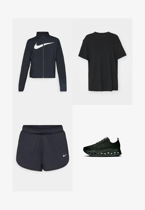 Giacca sportiva nera con zip completa, colletto alto, maniche lunghe e grande logo swoosh bianco Nike sul petto.; T-shirt nera a maniche corte realizzata in un tessuto morbido, con collo rotondo e vestibilità ampia. Presenta delle fessure laterali per un comfort e una traspirabilità aggiuntivi.; Pantaloncini sportivi neri realizzati in tessuto leggero e traspirante. Caratterizzati da una vita elastica e dal logo Nike bianco sul lato inferiore destro.; On CLOUDSURFER MAX - Scarpe da corsa su strada - black eclipse