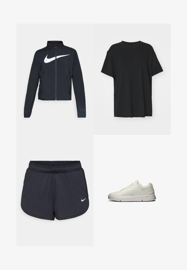 Schwarze Sportjacke mit vollem Reißverschluss, hohem Kragen, langen Ärmeln und großem weißen Nike-Swoosh-Logo auf der Brust.; Schwarzes T-Shirt mit kurzen Ärmeln aus glattem Stoff, mit Rundhalsausschnitt und lockerer Passform. Verfügt über seitliche Schlitze für zusätzlichen Komfort und Atmungsaktivität.; Schwarze Sportshorts aus leichtem, atmungsaktiven Material. Mit elastischem Bund und weißem Nike-Logo auf der unteren rechten Seite.; Weiße Sportsneaker mit einem glatten Leder-Obermaterial, Mesh-Akzenten, flachen Schnürsenkeln, durchbrochenen Details an der Seite und einer strukturierten Gummisohle.