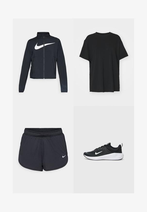 Črna športna jakna z polnim zadrgo, visokim ovratnikom, dolgimi rokavi in velikim belim logotipom Nike swoosh čez prsi.; Črna kratka majica s kratkimi rokavi, izdelana iz gladkega materiala, s kroјnim ovratnikom in prostim krojem. Ima stranske razpoke za dodatno udobje in zračnost.; Črne atletske kratke hlače z elastičnim pasom, športnega dizajna z belim Nike logotipom na spodnjem delu spredaj. Tkanina z teksturo.; Črne športne čevlje z zračnim zgornjim delom iz tkanine, belim logotipom v obliki kljukice, gladkim belim srednjim podplatom in teksturiranim črnim podplatom.