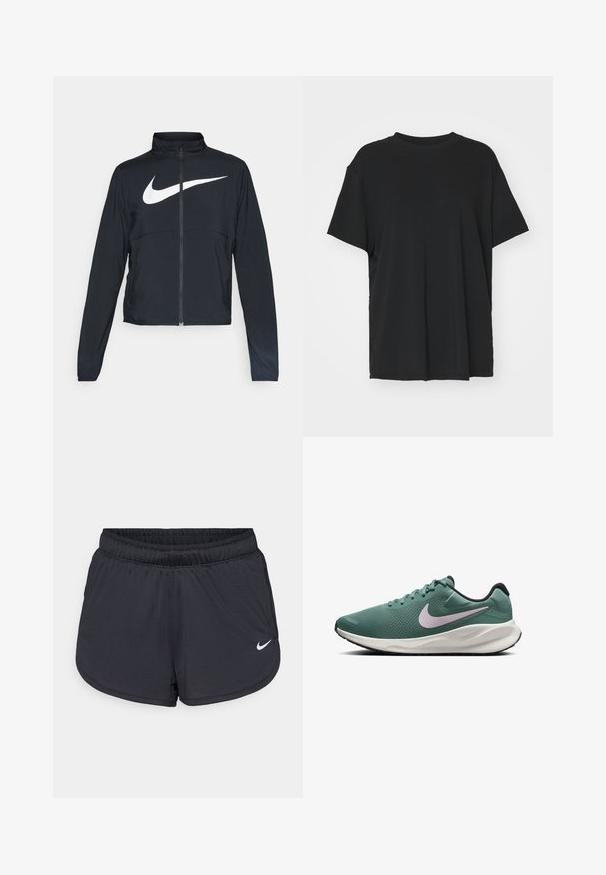 Must musta täispikk vary hoodie kõrge krae, pikad varrukad ja suur valge Nike swooshi logo rinnal.; Must have lühikeste varrukatega must t-särk, mis on valmistatud siledast kangast, ümmarguse kaelusega ja laia lõikega. Omab külgslitsid, mis pakuvad lisamugavust ja hingavust.; Mustad sportlikud lühikesed püksid elastse vöökohaga, millel on spordilik disain ja valge Nike logo alumisel esiküljel. Kootud kangas.; Roheline võrgu jooksuking, millel on valge ja must tald. Omab heledat lilla Nike logo ja tekstuuriga ülemist osa, mis tagab õhulisuse.
