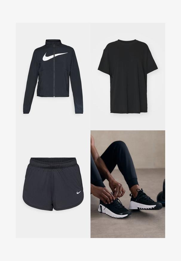 Zwarte sportjas met volledige rits, hoge kraag, lange mouwen en groot wit Nike swoosh-logo op de borst.; Zwarte korte mouwen t-shirt van soepel stof, met een ronde hals en een losse pasvorm. Heeft zij-splitten voor extra comfort en ademend vermogen.; Zwarte sportieve shorts met een elastische tailleband, een sportief ontwerp en een wit Nike-logo aan de voorkant onderaan. Getextureerde stof.; Zwarte sportieve schoenen met een geëtste zwarte bovenkant, witte zool en rubberen loopvlak. De veters zijn gestrikt, wat een slank ontwerp en logo laat zien.
