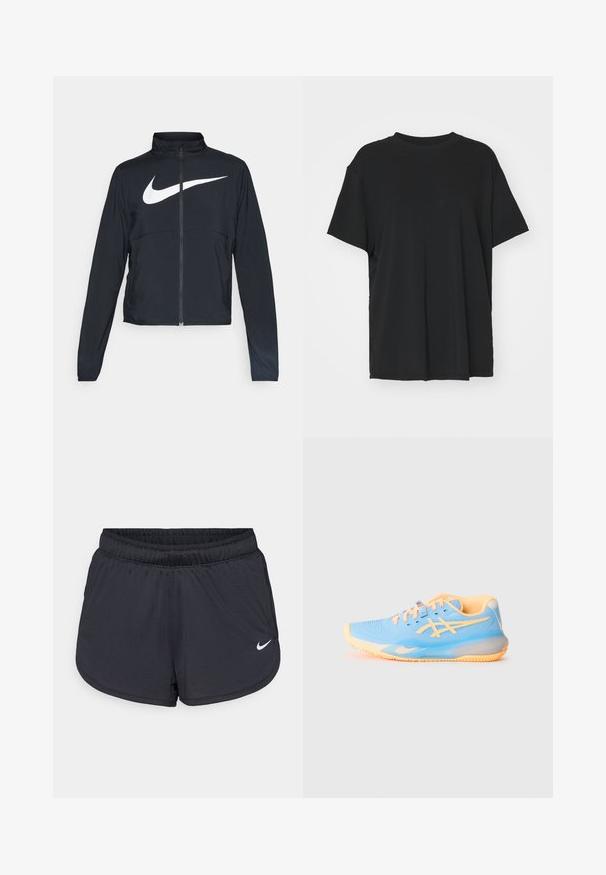 Casaco desportivo preto com fecho éclair completo, gola alta, mangas longas e grande logótipo branco da Nike na parte frontal.; T-shirt preto de manga curta feito de tecido suave, com decote redondo e corte solto. Apresenta aberturas laterais para maior conforto e respirabilidade.; Calções atléticos pretos com cintura elástica, apresentando um design desportivo e um logótipo Nike branco na parte inferior da frente. Tecido texturizado.; Sapatilha atlética azul clara com realces laranja; parte superior em malha, bico redondo e sola texturizada para aderência. Apresenta detalhes da marca e atacadores.