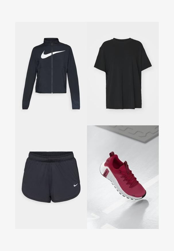Must musta täispikk vary hoodie kõrge krae, pikad varrukad ja suur valge Nike swooshi logo rinnal.; Must have lühikeste varrukatega must t-särk, mis on valmistatud siledast kangast, ümmarguse kaelusega ja laia lõikega. Omab külgslitsid, mis pakuvad lisamugavust ja hingavust.; Mustad sportlikud lühikesed püksid elastse vöökohaga, millel on spordilik disain ja valge Nike logo alumisel esiküljel. Kootud kangas.; Punane spordijalats tekstureeritud ülemise osa, paelte ja paksu valge tallaga. Omab kontrastset musta varbakorki ja logo küljes.