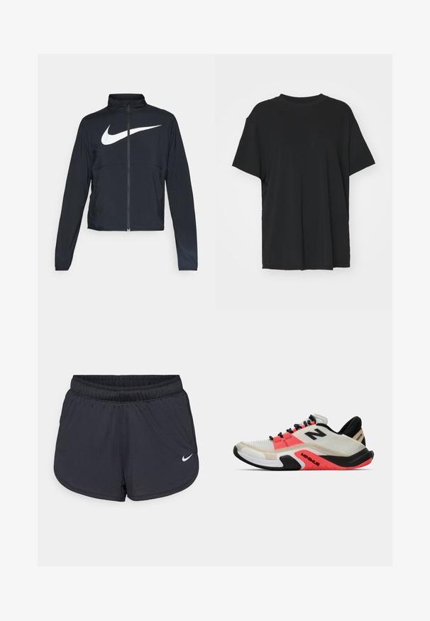 Juodas sportinis džemperis su visiškai užtraukiama užtrauktuku, aukšta apykakle, ilgomis rankovėmis ir dideliu baltu Nike swoosh logotipu per krūtinę.; Juodas trumpas rankovėmis marškinėliai, pagaminti iš lygaus audinio, su apvaliu iškirpimu ir laisvu siluetu. Įrengti šoninių skeltukų patogumui ir oro pralaidumui.; Juodi sportiniai šortai su elastine liemene, turintys sportišką dizainą ir baltą Nike logotipą apatinėje priekinėje dalyje. Tekstūruota medžiaga.; New Balance MINIMUS TR - Avalynė treniruotėms - sea salt